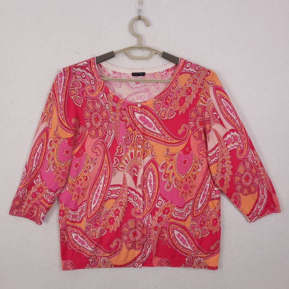 Talbots Paisley Cardigan Women 1X Pink Orange 3/4 Sleeve Button Front Sweater